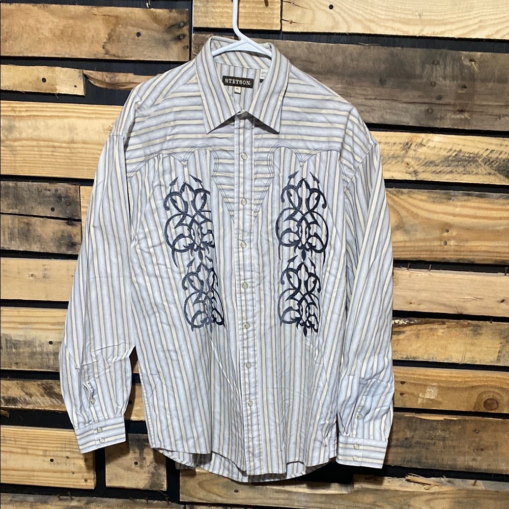 Stetson Men's Embroidered‎ Striped Pearl Snap Button Western  Shirt Size XL